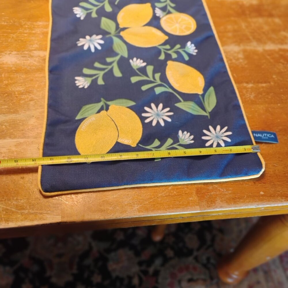 Embroidered Lemons & Daisies Table Runner Blue Background Nautica Home 48"x14" - Picture 8 of 9